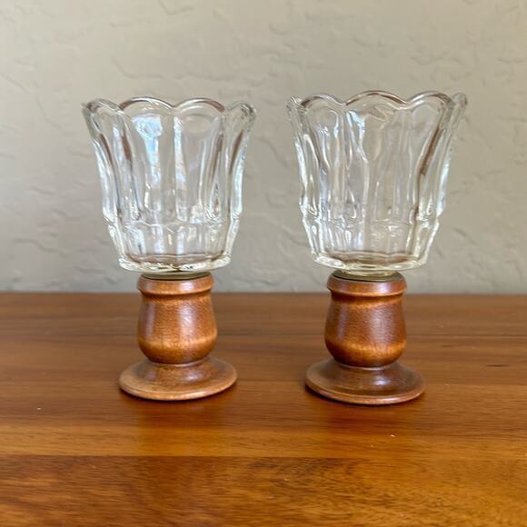 MCM brown wood candle stick holders with glass votive tops removable‎ - Picture 1 of 4